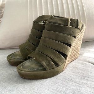 Tory Burch Suede Olive Green Wedge Sandals